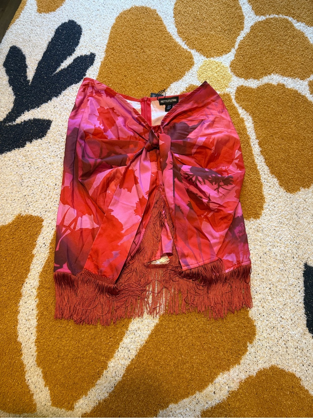 PrettyLittleThing Pink & Red Floral Fringe Mini Skirt